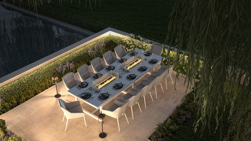 grey white 12 Seat outdoor Dining Set With Double Fire Pit dubai uae night